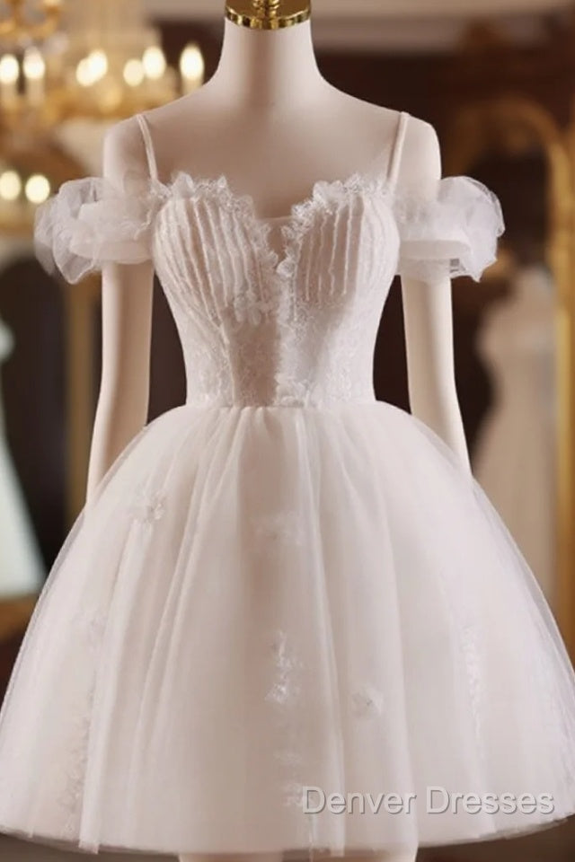 A-Line Off Shoulder Tulle Lace Light Champagne Short Prom Dress