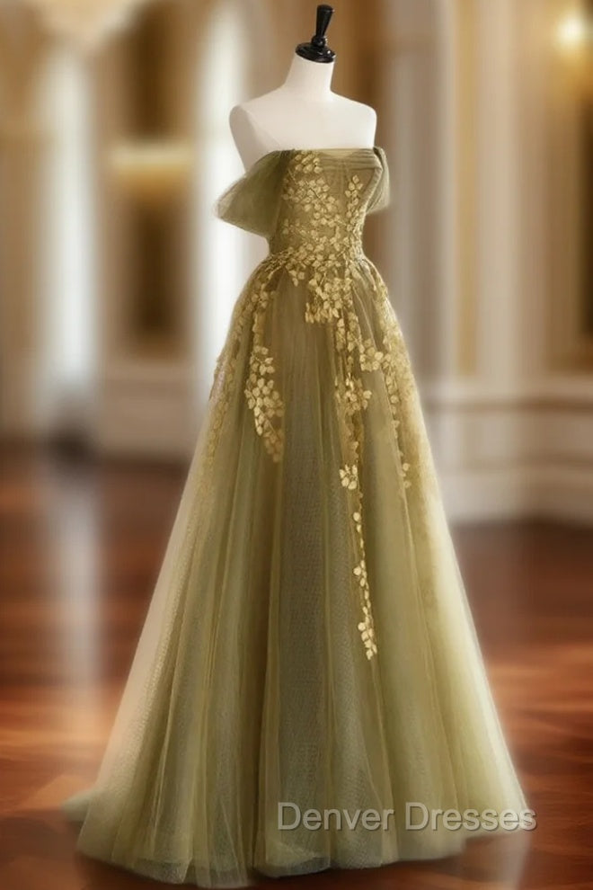 A-Line Off Shoulder Tulle Lace Long Prom Dress, Green Tulle Formal Evening Dress Main image