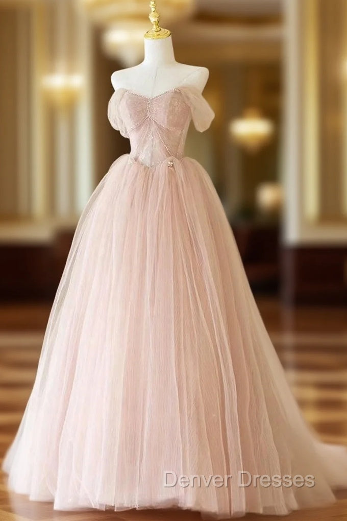 A-Line Off Shoulder Tulle Lace Pink Long Prom Dress, Pink Long Formal Dress Main image