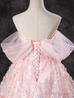 A-Line Off Shoulder Tulle Lace Pink Long Prom Dress, Pink Sweet 16 Dress
