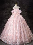 A-Line Off Shoulder Tulle Lace Pink Long Prom Dress, Pink Sweet 16 Dress