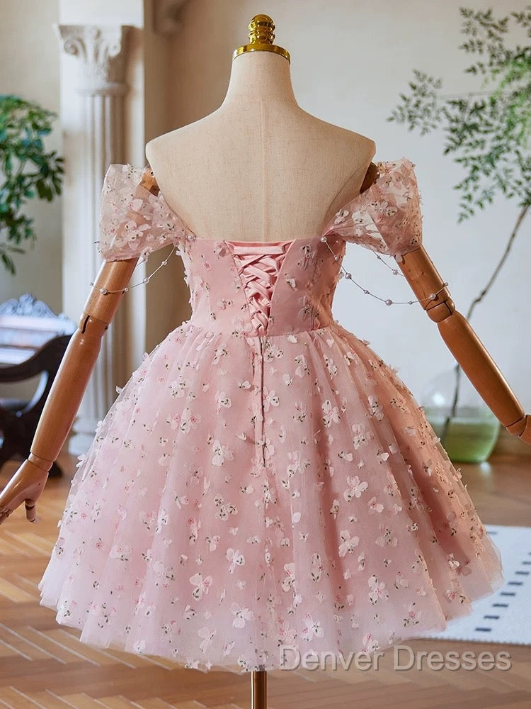 A-Line Off Shoulder Tulle Lace Pink Short Prom Dress, Pink Homecoming Dress Secondary image