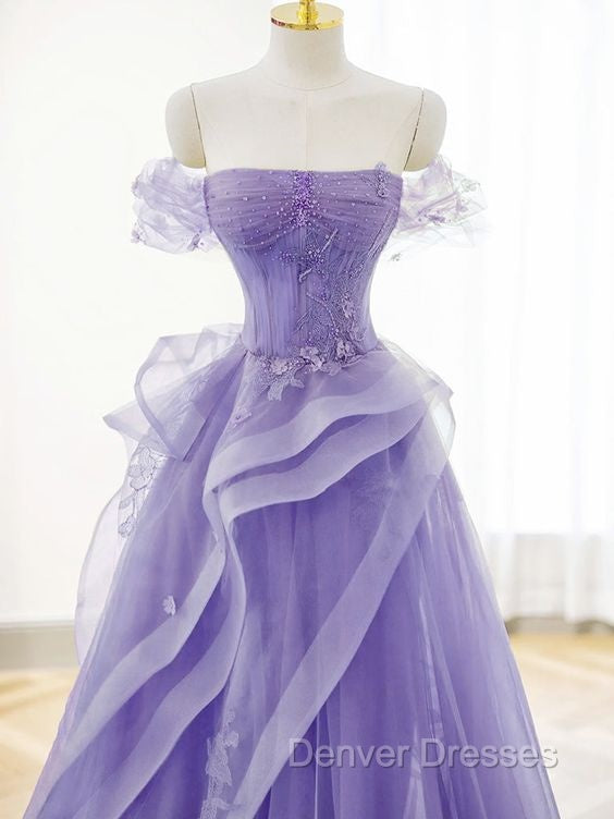 A-Line Off Shoulder Tulle Lace Purple Long Prom Dress, Purple Lace Long Formal Dress Secondary image