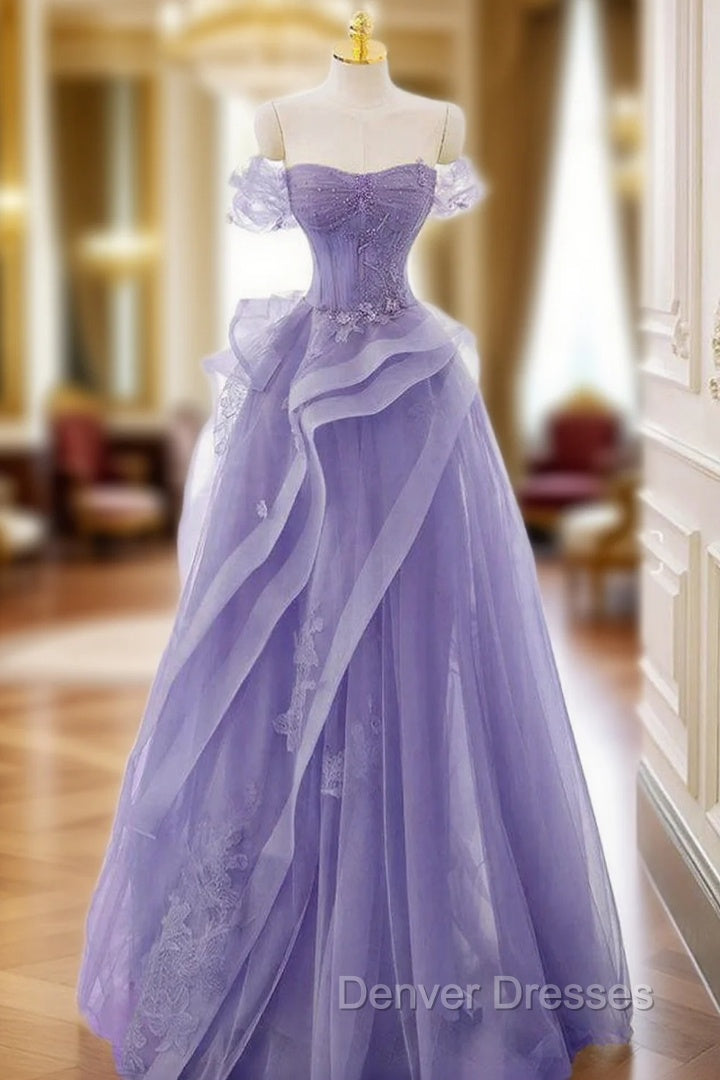 A-Line Off Shoulder Tulle Lace Purple Long Prom Dress, Purple Lace Long Formal Dress Main image