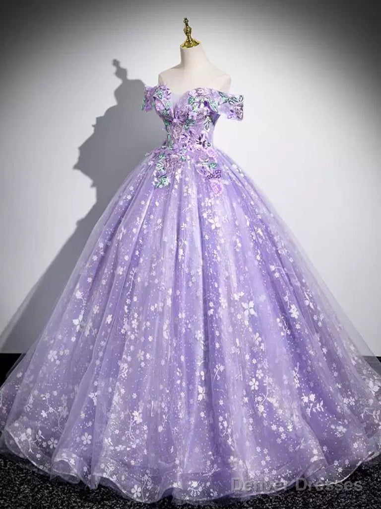 A-Line Off Shoulder Tulle Lace Purple Long Prom Dress, Purple Long Formal Dress