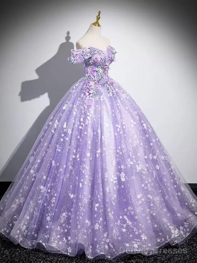 A-Line Off Shoulder Tulle Lace Purple Long Prom Dress, Purple Long Formal Dress