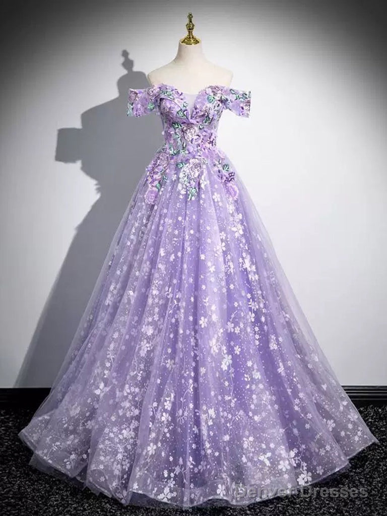 A-Line Off Shoulder Tulle Lace Purple Long Prom Dress, Purple Long Formal Dress Main image