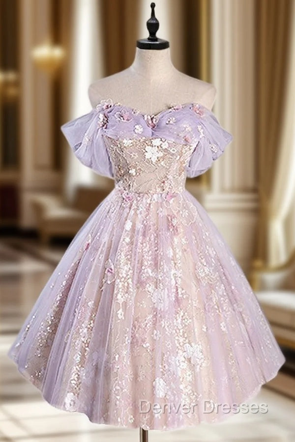 A-Line Off Shoulder Tulle Lace Purple Short Prom Dress, Cute Purple Homecoming Dress Main image