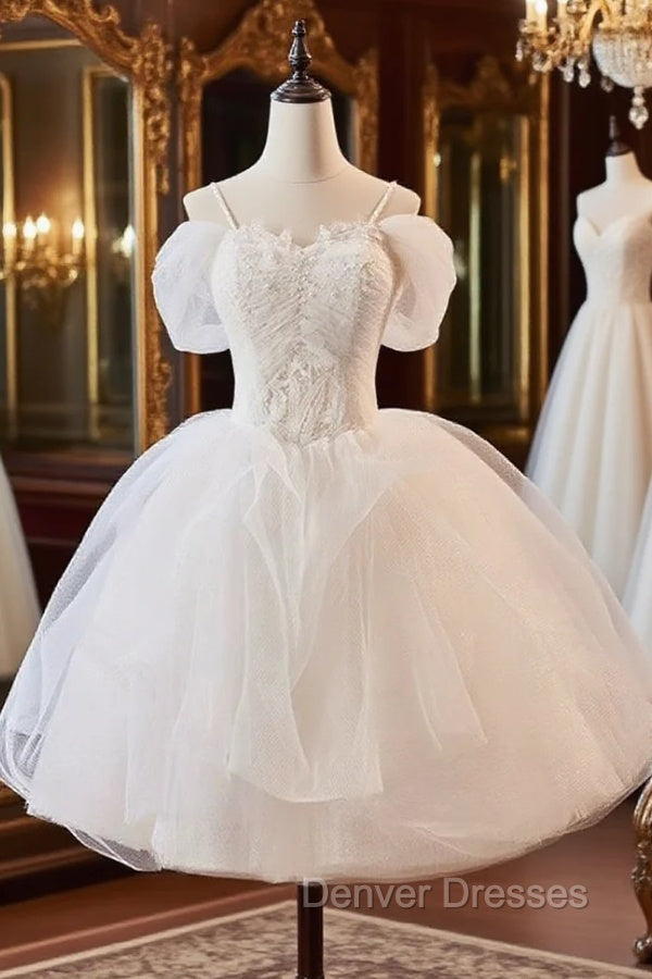 A-Line Off Shoulder Tulle Lace Short Prom Dress, White Homecoming Dress