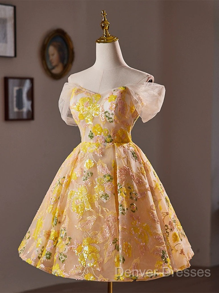 A-Line Off Shoulder Tulle Lace Short Yellow Prom Dress, Yellow Homecoming Dress Secondary image