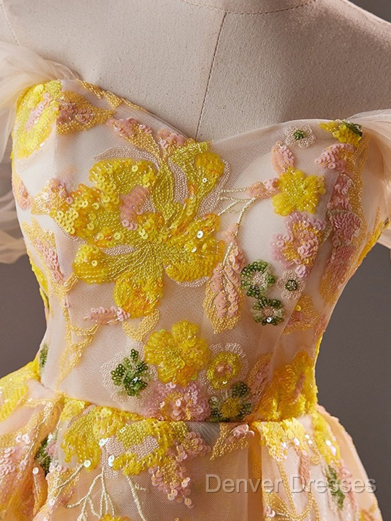 A-Line Off Shoulder Tulle Lace Short Yellow Prom Dress, Yellow Homecoming Dress