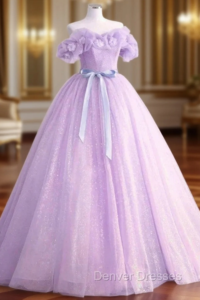 A-Line Off Shoulder Tulle Lavender Long Prom Dress