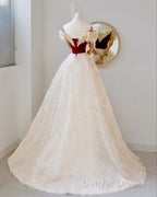 A-Line Off Shoulder Tulle Light Champagne Long Prom Dress, Light Champagne Evening Dress