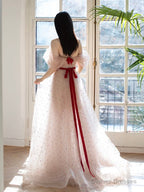 A-Line Off Shoulder Tulle Light Pink Long Prom Dress, Long Formal Dress