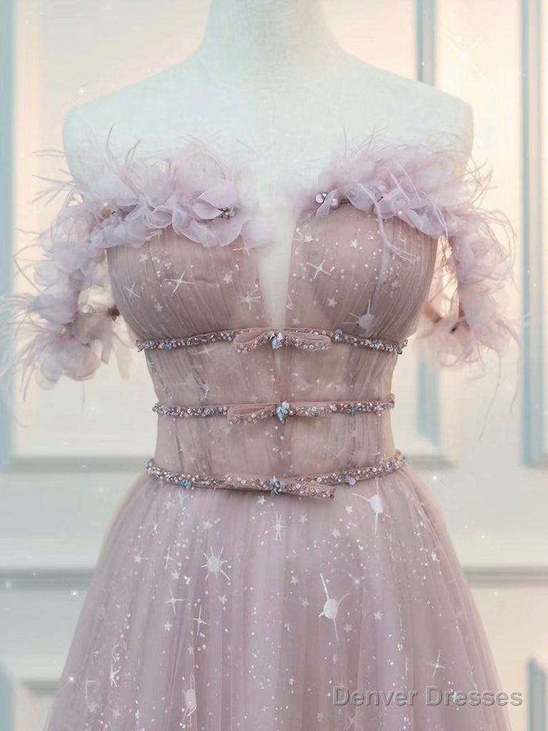 A-Line  Off Shoulder Tulle Pink Long Prom Dress, Pink Graduation Dress With Beads Secondary image