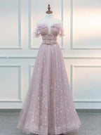 A-Line  Off Shoulder Tulle Pink Long Prom Dress, Pink Graduation Dress With Beads