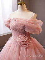 A-Line Off Shoulder Tulle Pink Long Prom Dress, Pink Long Formal Dress