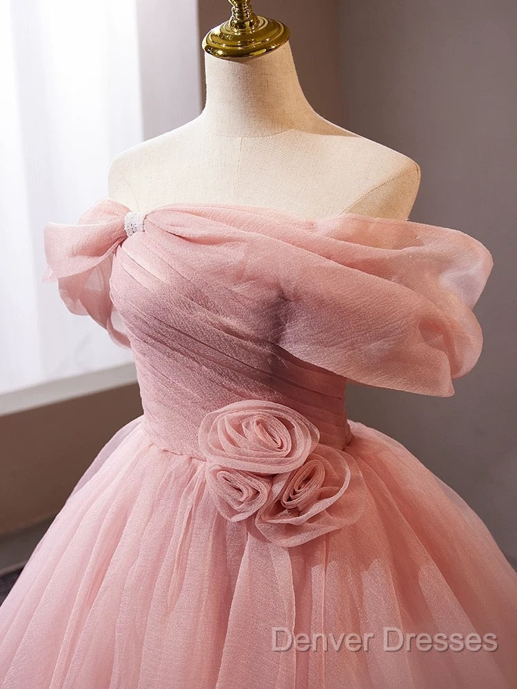 A-Line Off Shoulder Tulle Pink Long Prom Dress, Pink Long Formal Dress