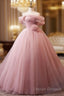 A-Line Off Shoulder Tulle Pink Long Prom Dress, Pink Long Formal Dress