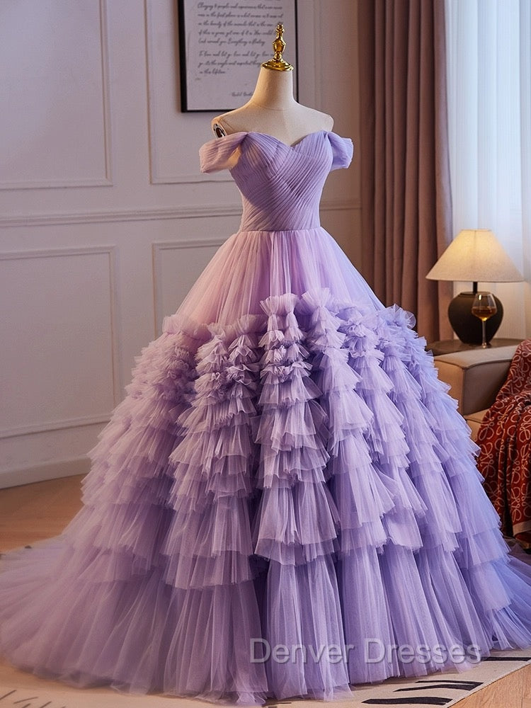 A-Line Off Shoulder Tulle Purple Long Prom Dress, Purple Long Evening Dress Secondary image