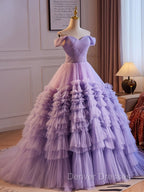 A-Line Off Shoulder Tulle Purple Long Prom Dress, Purple Long Evening Dress