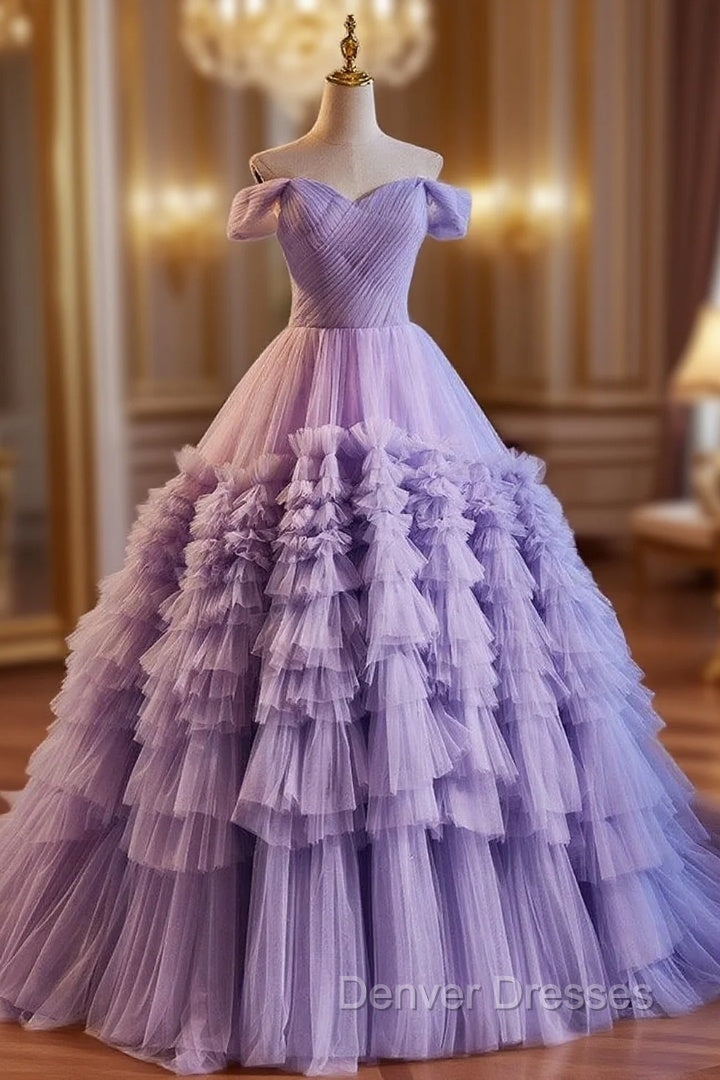 A-Line Off Shoulder Tulle Purple Long Prom Dress, Purple Long Evening Dress Main image