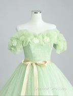 A-Line Off Shoulder Tulle Sage Green Long Prom Dress