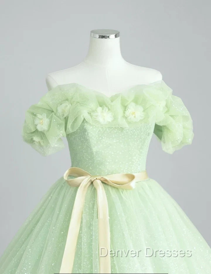 A-Line Off Shoulder Tulle Sage Green Long Prom Dress