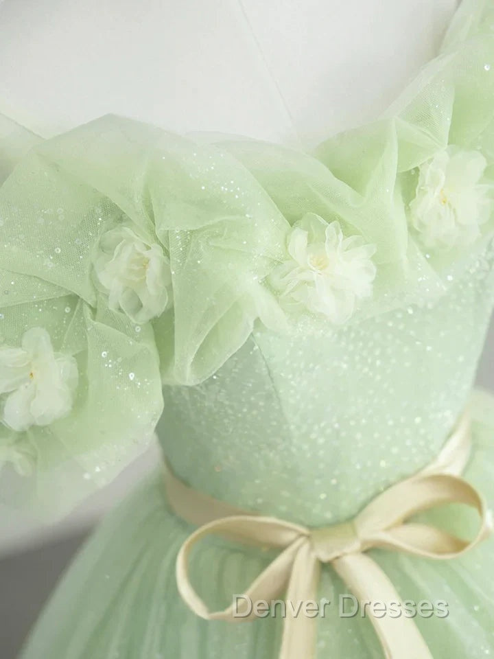 A-Line Off Shoulder Tulle Sage Green Long Prom Dress