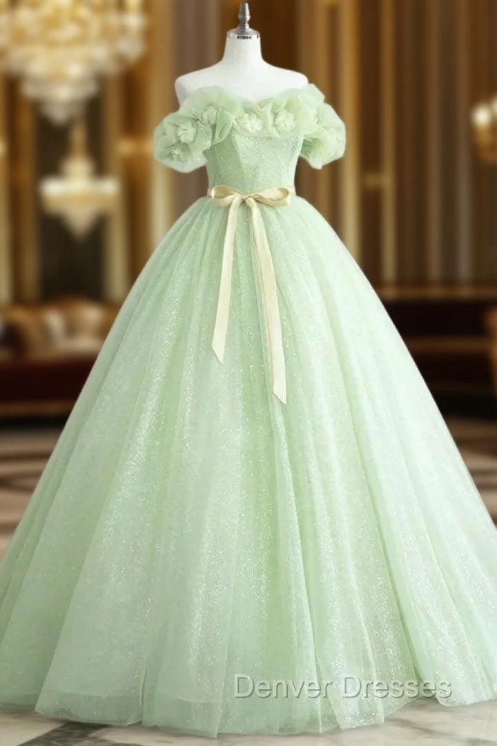A-Line Off Shoulder Tulle Sage Green Long Prom Dress Main image