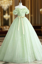 A-Line Off Shoulder Tulle Sage Green Long Prom Dress