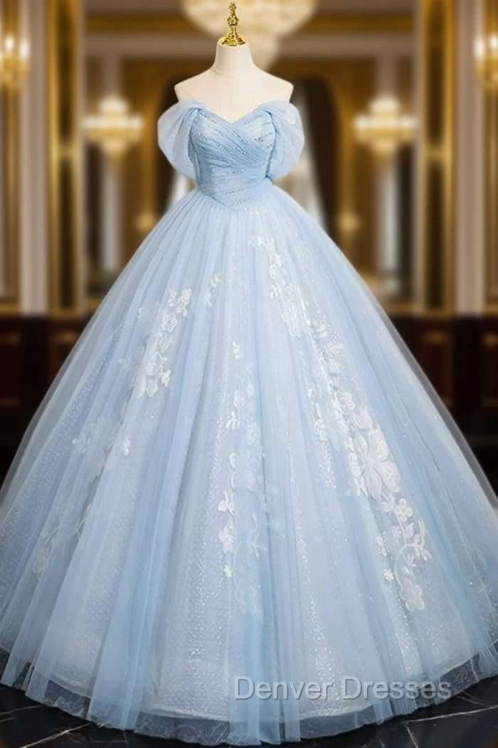 A-Line Off Shoulder Tulle Sequin Blue Long Prom Dress, Blue Sweet 16 Dress