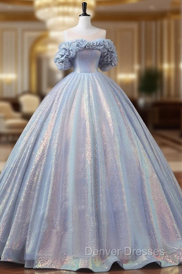 A-Line Off Shoulder Tulle Sequin Blue Purple Long Prom Dress, Sequin Formal Dress