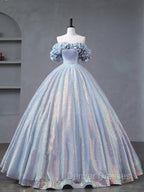A-Line Off Shoulder Tulle Sequin Blue Purple Long Prom Dress, Sequin Formal Dress