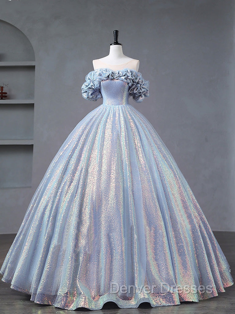 A-Line Off Shoulder Tulle Sequin Blue Purple Long Prom Dress, Sequin Formal Dress Secondary image