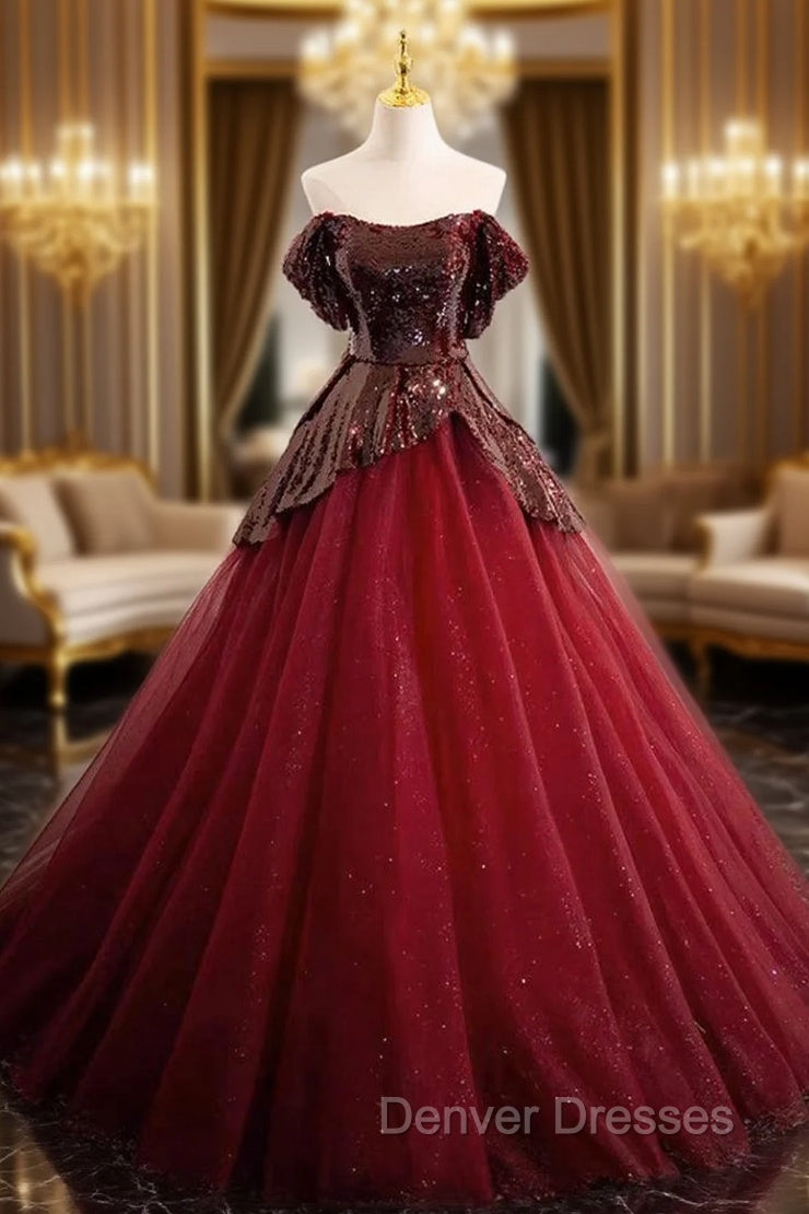A-Line Off Shoulder Tulle Sequin Burgundy Long Prom Dress, Burgundy Evening Dress Main image