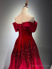 A-Line Off Shoulder Tulle Sequin Burgundy Long Prom Dress, Burgundy Formal Dress