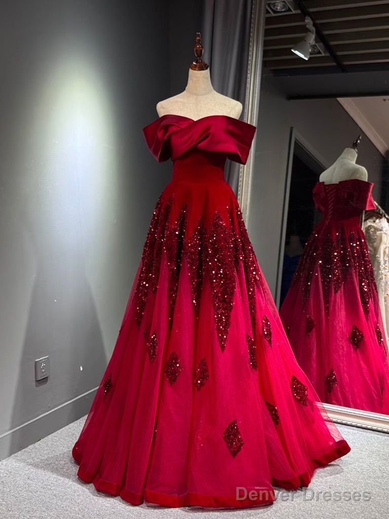 A-Line Off Shoulder Tulle Sequin Burgundy Long Prom Dress, Burgundy Formal Dress Main image