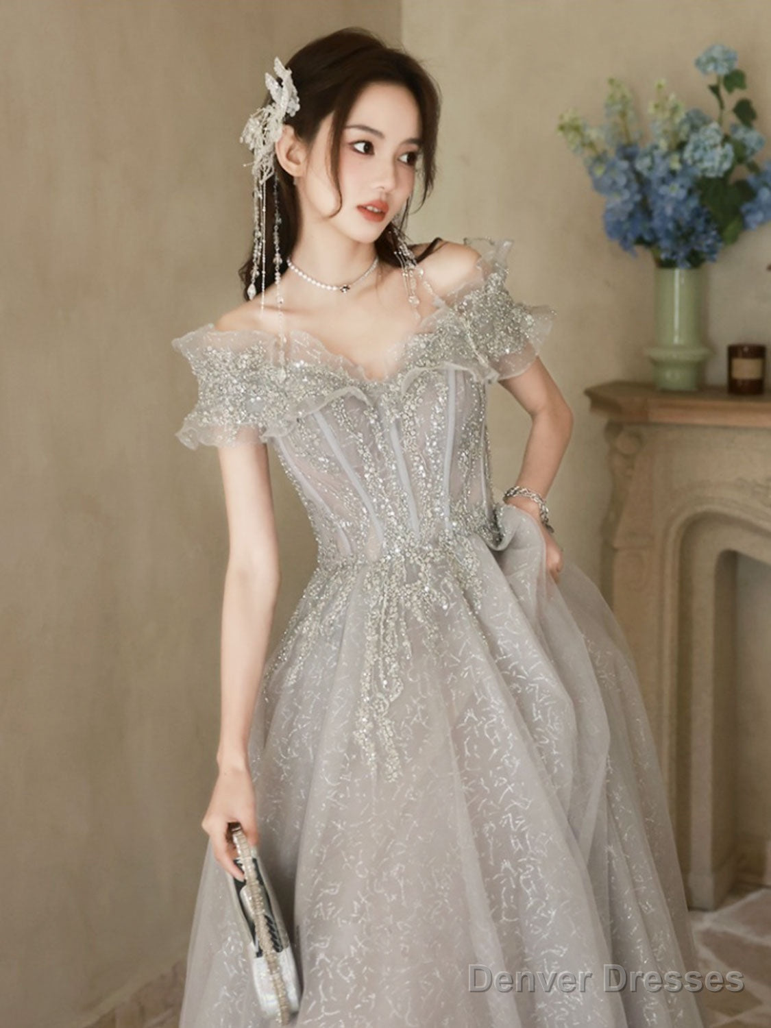 A-Line Off Shoulder Tulle Sequin Gray Long Prom Dress, Gray Formal Dress Secondary image