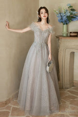 A-Line Off Shoulder Tulle Sequin Gray Long Prom Dress, Gray Formal Dress