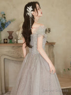 A-Line Off Shoulder Tulle Sequin Gray Long Prom Dress, Gray Formal Dress