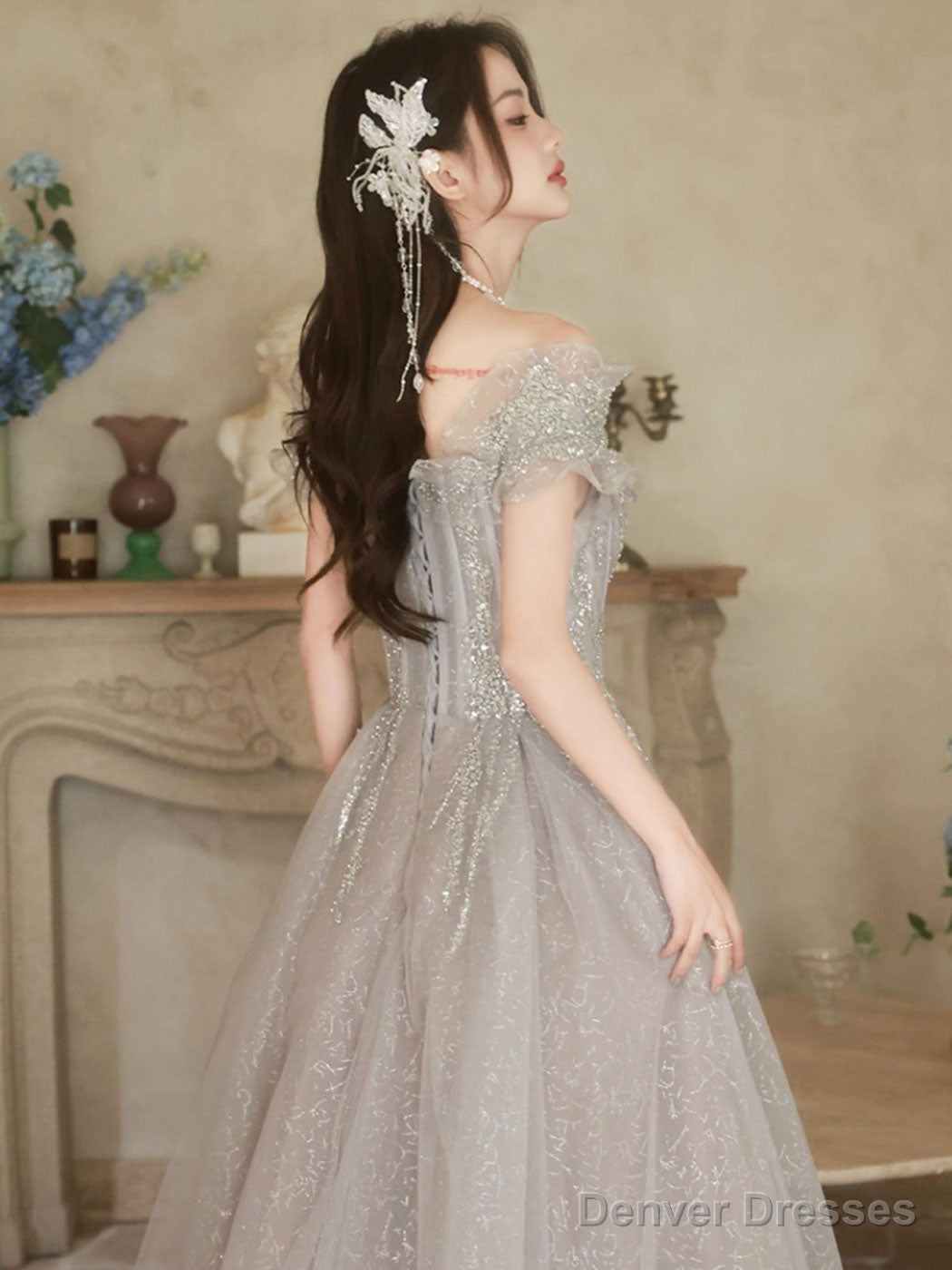 A-Line Off Shoulder Tulle Sequin Gray Long Prom Dress, Gray Formal Dress