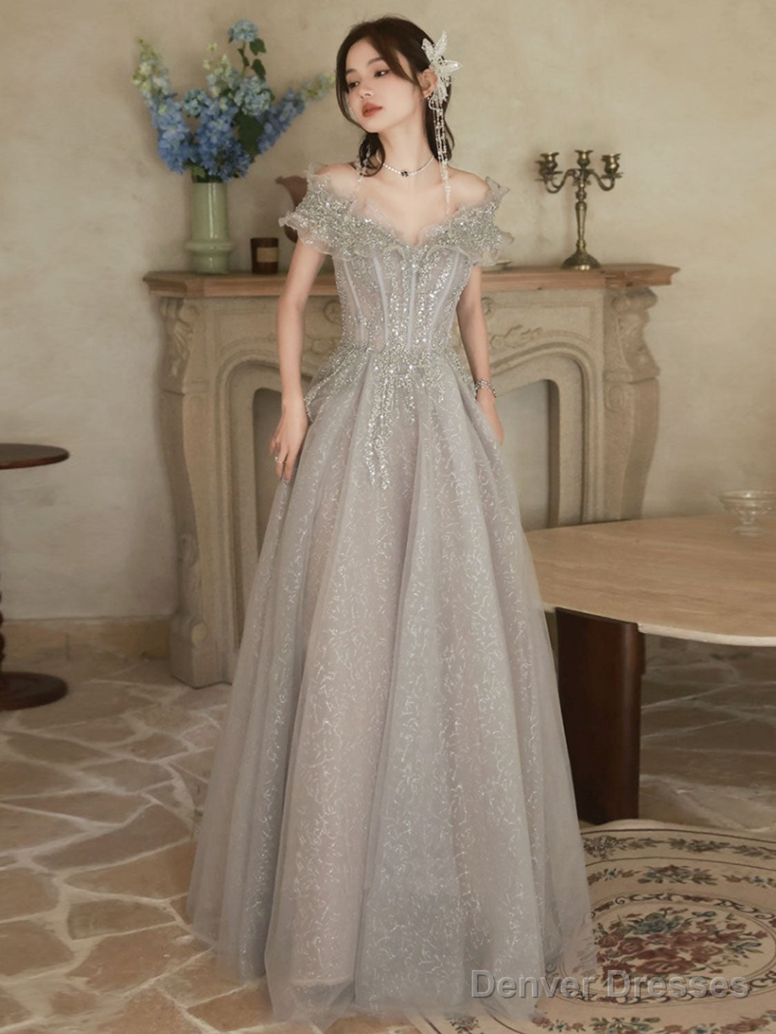 A-Line Off Shoulder Tulle Sequin Gray Long Prom Dress, Gray Formal Dress Main image