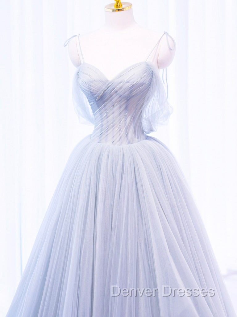 A-Line Off Shoulder Tulle Sequin Gray Long Prom Dress, Gray Tulle Formal Dress Secondary image
