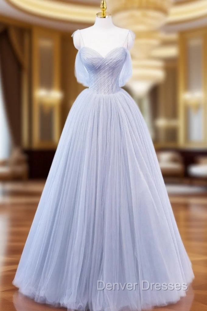 A-Line Off Shoulder Tulle Sequin Gray Long Prom Dress, Gray Tulle Formal Dress Main image