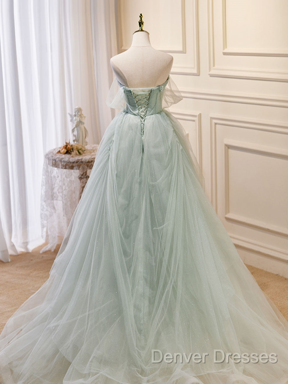 A-Line Off Shoulder Tulle Sequin Green Long Prom Dress, Green Formal Dress Secondary image