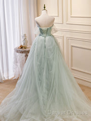A-Line Off Shoulder Tulle Sequin Green Long Prom Dress, Green Formal Dress