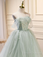 A-Line Off Shoulder Tulle Sequin Green Long Prom Dress, Green Formal Dress