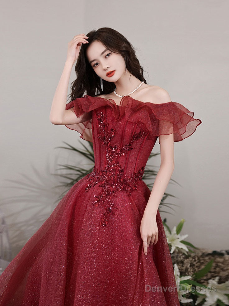 A-Line Off Shoulder Tulle Sequin Lace Burgundy Long Prom Dress, Burgundy Long Formal Dress Secondary image