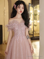 A-Line Off Shoulder Tulle Sequin Pink Long Prom Dress, Pink Long Formal Dress